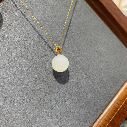 Iosn Mutton Fat Jade Pendant Hetian Jade White Jade Single Bead 18K Gold Inlaid with 12m Round Beads Necklace Small and Simple Women's Clavicle Pendant