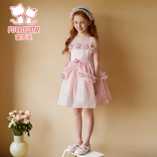 Fuluo Mi Girls Dress Summer Sleeveless Breathable Three-dimensional Flower Princess Dress Mesh Dress Pink 150