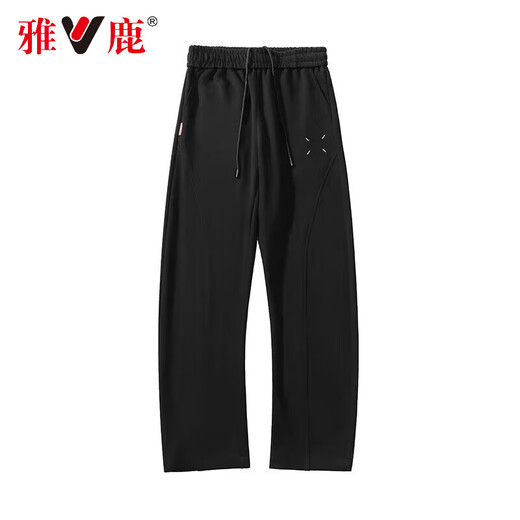 雅鹿弯刀裤男垂感直筒潮牌休闲裤男生运动裤宽松阔腿裤潮流显瘦裤子男 黑色 XL