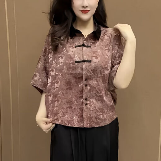 瓷袖广东普宁衬衫女2025新款中老年洋气中国风印花polo领中年妈妈夏季 红色-6636 L 建议95-105斤