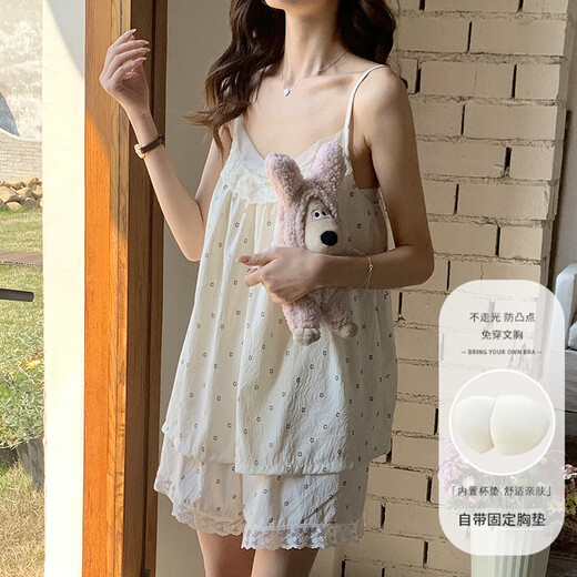 Jingpufei nuage d'été coton pyjamas short de suspension féminin ensemble deux pièces de vêtements de maison doux et mignons 834p # petites fleurs avec poitrine m m