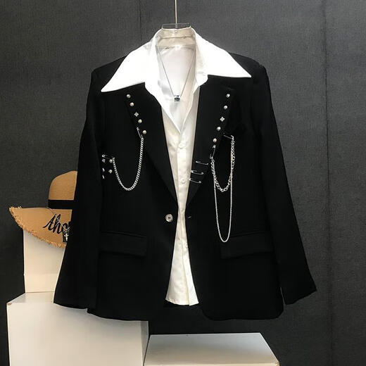 Fenren Guy 2025 New Black Design Chaqueta Metal Blazer Personalidad para hombres Traje informal suelto Top Black XL