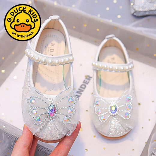 G.duck Girls Princess Elsa Shoes 2025 New Korean Style Bow Little Girls Soft Sole Shoes Pearl Crystal Small Leather Shoes RX116 Pink 29