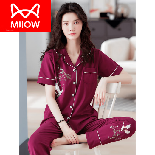 猫人（MiiOW）新款纯棉睡衣女士夏季短袖长裤妈妈大码家居服夏天薄款套装 Q9923 M 【建议80-105斤】