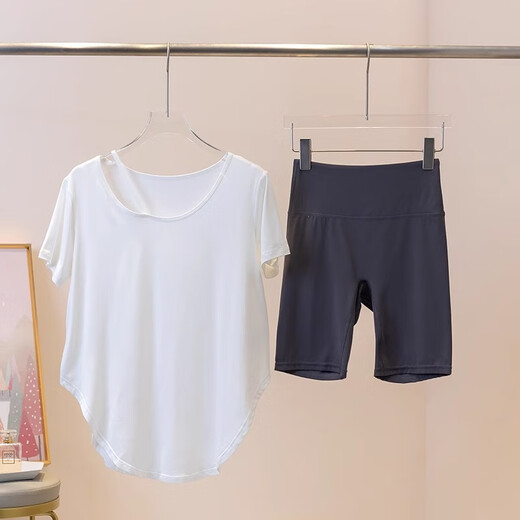 Baichao Yoga Suit Women's Summer Gym Loose Slim Covering Sports Running Pilates Top Cycling Fitness Clothes White Short Sleeves + Cocoa Color Five-Feng Pants S (Recommended 75-95Jin Jin equals 0.5kg)