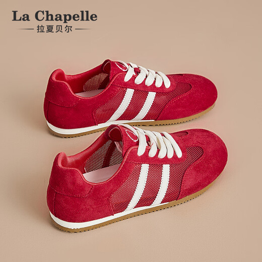 拉夏贝尔女鞋25年新女鞋网面透气板鞋休闲百搭女板鞋德训鞋不臭脚轻便女鞋 红色 XXE6628-2 35
