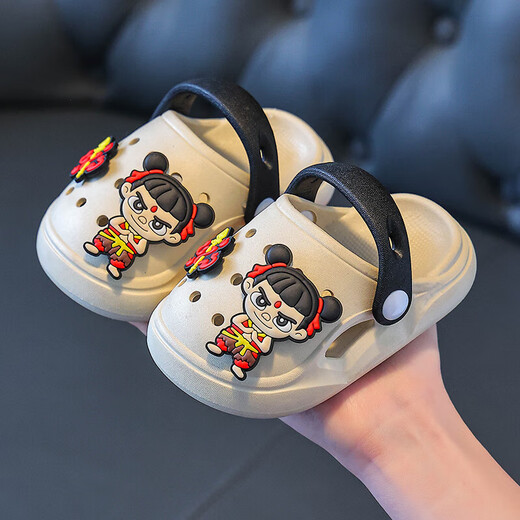 Chaussures de trou pour enfants de Nezha Slippers pour garçons en été Nouveau dessin animé Bébé intérieur sans glissement portant des chaussures d'orteil sandales kaki couleur 28 -29 taille [longueur intérieure 17cm]