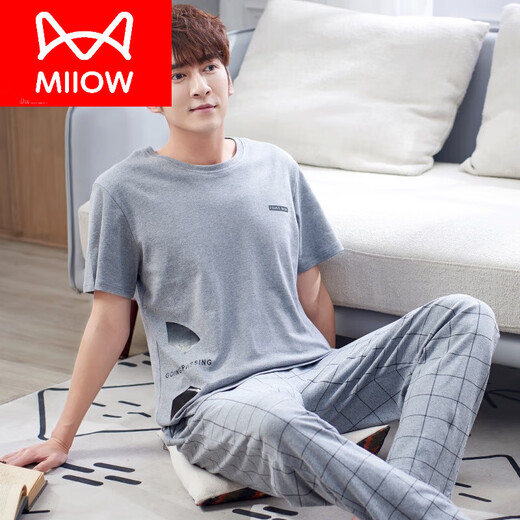 Catman (Miiow) Pajamas pour hommes en été coton pur pantalon à manches courtes minces de coton à demi-manche à manchette pour hommes en vrac de taille plus habile 9928 Ash M (taille 165) recommandée de porter du poids 100-125 Jin [Jin est égal à 0,5 kg]