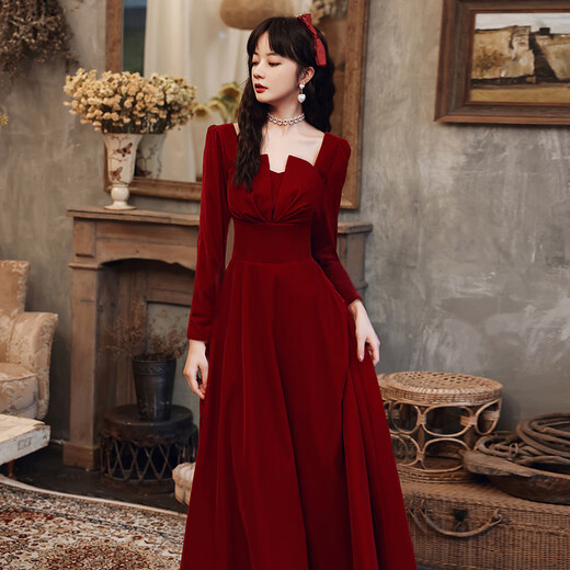 韩菲奴敬酒服酒红色2025新款新娘结婚便装订婚晚礼服显瘦连衣裙平时可穿 缎面长款中袖 酒红色：春夏款 L