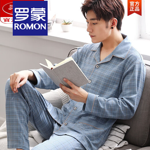 ROMON pajamas men's spring and autumn pure cotton long sleeves can be worn on the outside, full cotton large size thin autumn home clothing set selected high-quality products 834 all over the floor 3XL 185