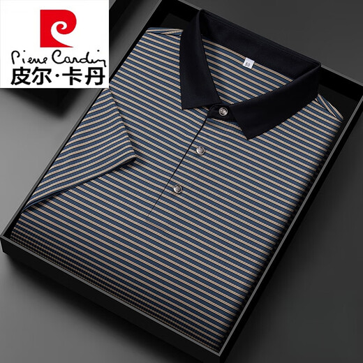 Pierre cardin light luxury high-end men's short-sleeved T-shirt lapel summer ice silk thin middle-aged striped polo shirt top 13563# gray XL 52 [recommended 140-155Jin [Jin equals 0.5 kg]]