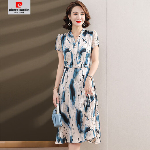 皮尔卡丹（pierre cardin）【1392人收藏】夏季显瘦妈妈气质连衣裙2025年新款时尚中老年妈妈 蓝色 L (建议90-100斤左右)