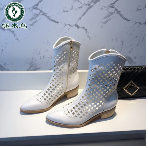 Woodpecker Botas de Malla Blanca Botas Cortas Huecas Verano de Mujer Tacón Medio 2026 Nuevas Sandalias Botas Martin Delgadas Punta Puntiaguda Botas de Vaquero Occidental Blanco 35