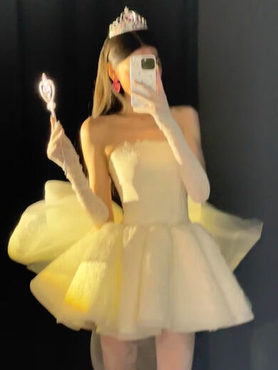 斯睿霖法式抹胸新娘晨袍感轻奢礼服生日宴会公主风轻婚纱订婚连衣裙 图片色 S