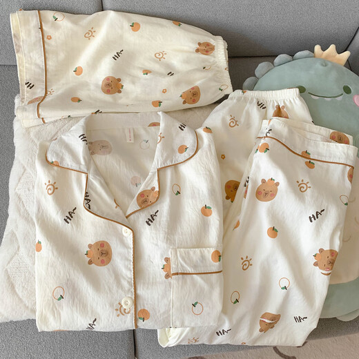 京濮飞夏季薄款郁金香兔子睡衣女棉纱布甜美家居服三件套 云朵棉-9902#星星KT猫三件套 M 【建议75-100斤】