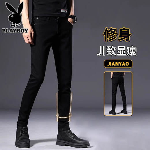Playboy Jeans Men's Autumn and Winter New Versatile Trendy Brand Retro Stretch Straight Slim Small Foot Long Pants Men's Men's Pants 902 Pure Black 32 (2 feet 5) Weight 135-145 Jin Jin is equal to 0.5 kg