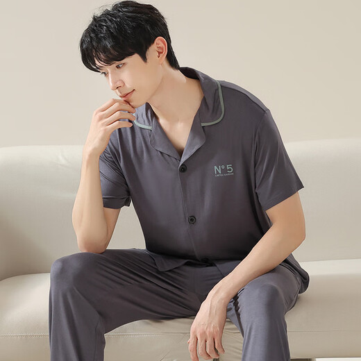 含蕊睡衣女夏季莫代尔薄款短袖长裤大码凉感冰丝男家居服套装 N12108女12308男 170 女款M