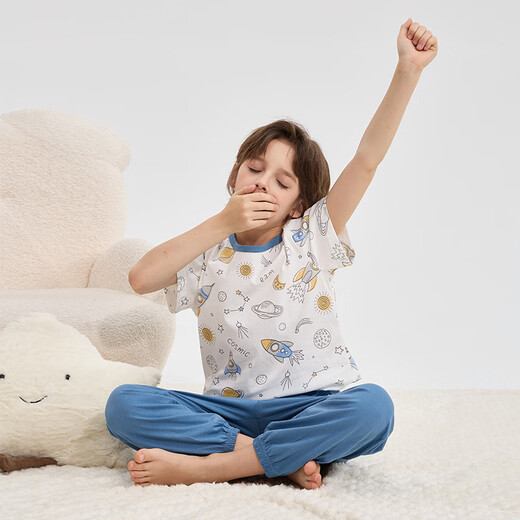 Fenten Children's Pajamas Boys 2025 Summer New Product Pure Cotton Short Sleeve Trousers Medium Large Children's Air Conditioning Clothing Set