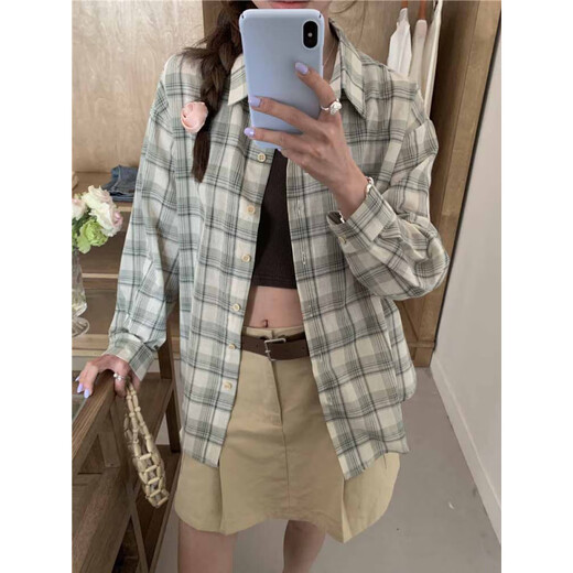 品柏宝莉盐系轻熟两件套装女韩版格子衬衫上衣+短款内搭背心夏季款两件套 9923红格子 均码