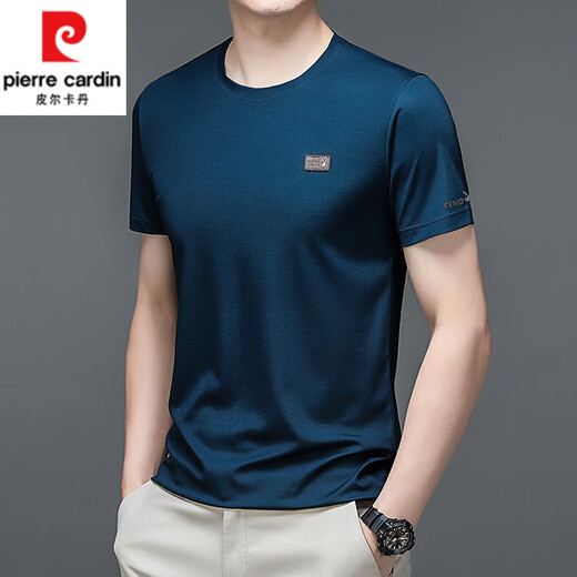 
Pierre cardin men's mulberry silk round neck short-sleeved T-shirt 2025 summer solid color half-sleeved top middle-aged loose trendy sweatshirt t-shirt 13807 white XL 115/52