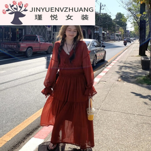 魁熙大码法式复古深V绑带连衣裙收腰蕾丝花边长裙长袖显瘦红色茶歇裙 3527楼兰女孩长裙 L 大