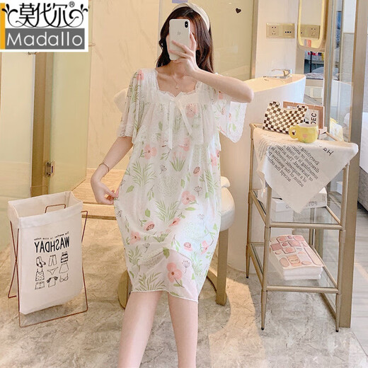 莫代尔夏款冰丝睡裙女2025年新款蕾丝网纱甜美宫廷公主风短袖睡衣 E-W7371#花草 XL