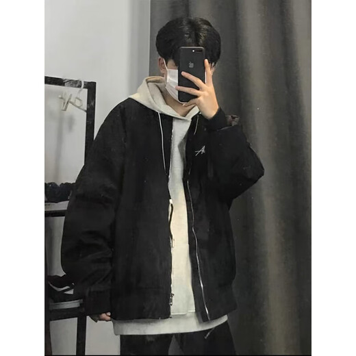 Qumile American hiphop bomber jacket for men and women in autumn and winter loose and trendy baseball uniforms high street handsome clothes jacket black XL recommended 120-140Jin Jin is equal to 0.5 kg