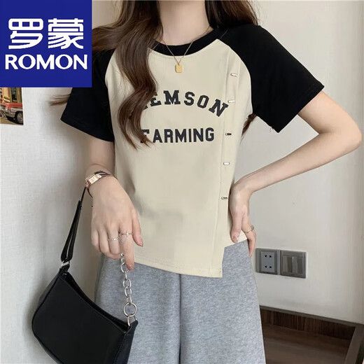 罗蒙（ROMON）纯棉短袖女t恤夏季大码女装胖妹妹正肩显瘦设计感小众不规则上衣 粉色【二师兄756】 4XL 【建议170-200斤】