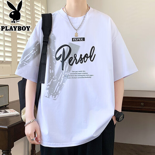 Playboy Kurzärärmelte Herren Sommermodemarke Briefe Runde Hals halbärmelig T-Shirt American Casual Herren Rotatorenhülle Lose T-Shirt 693 Meter Weiß M.