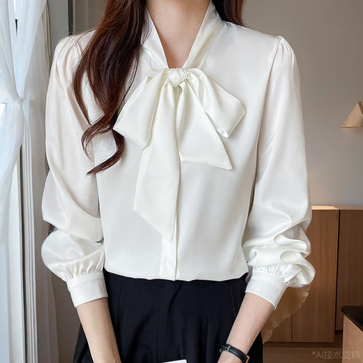 Wanmando European French White Shirt Frauen langärmelige Bogen Chiffon Top Spring und Herbst neutemperament Streamer Basishemd Weiß 9276 S _80-95jin [Jin ist 0,5 kg]