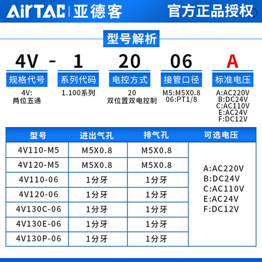 上德（D&C）气缸4v120-06/M5电子换向220v控线圈阀24v气阀电磁阀 4V120M5AC22 4V12006B八位套组