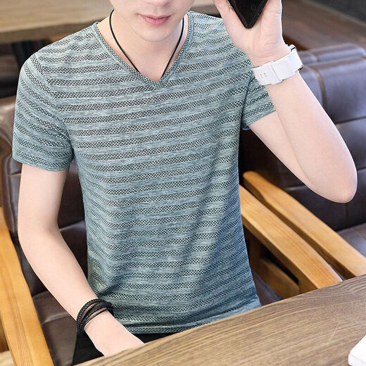 
Commander Bear 2025 short-sleeved T-shirt trendy striped men's versatile top white breathable sweat-absorbing cotton 9898 M