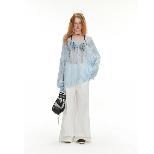 
UNIFREE large V neck thin long-sleeved sweater ripped hollow personalized sun protection loose blouse L
