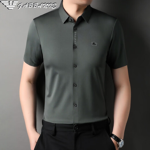 FALAMONE阿玛尼男装冰丝短袖衬衫夏季男士半袖衬衣无痕免烫寸衫 GA/718黑色 S 165/84A(建议100-120斤)