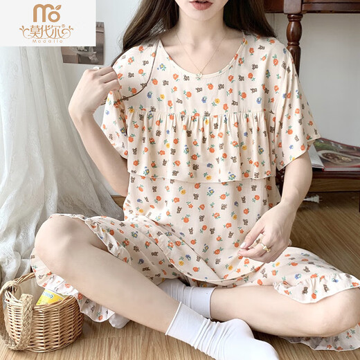
Modal short-sleeved cotton silk pajamas for women in spring and summer new thin home clothes casual floral anti-convex dot large-size cotton silk set polka dot beige M2603 short-sleeved mid-sleeved pants L (suitable for 90115Jin [Jin equals 0.5 kg])