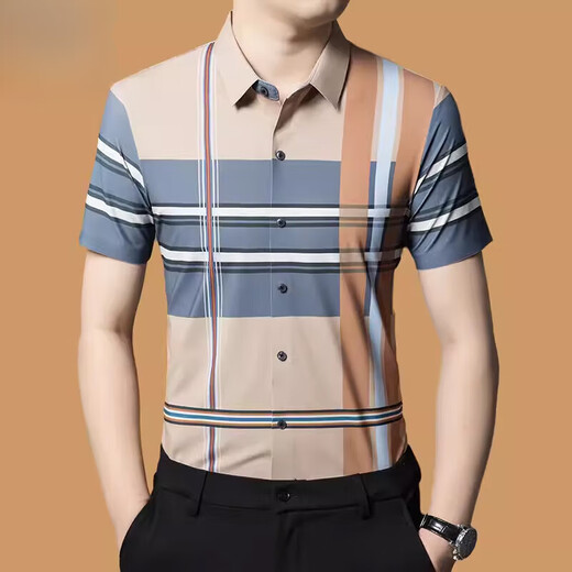 GY goldlion Jinlilai mulberry silk short-sleeved shirt men's summer new plaid casual no-iron high-end shirt men's inch shirt 9856 green S 165/80A suggested 100-120Jin [Jin equals 0.5 kg]