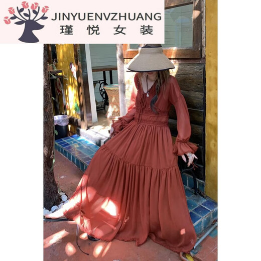 魁熙大码法式复古深V绑带连衣裙收腰蕾丝花边长裙长袖显瘦红色茶歇裙 3527楼兰女孩长裙 L 大