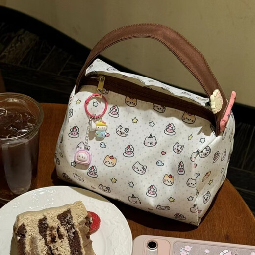 Cute Cartoon Cady Cat Portable Cosmetic Bag Large Capacity Storage Bag Washing Bag Three-dimensional Handbag Women's Clutch Brown Belt Dot Cat Portable Cosmetic Bag