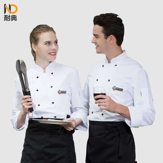 Naidian chef uniform long-sleeved men and women custom-made spring blue double-breasted work clothes cake shop hotel restaurant work clothes can be printed and embroidered logo white long-sleeved 3XL