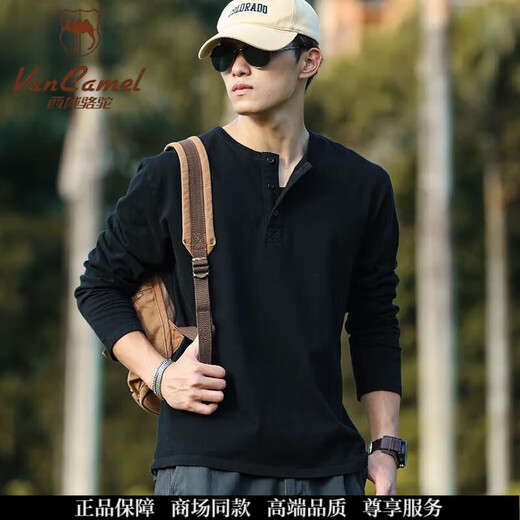 Western Camel (VANCAMEL) American retro distressed Henry shirt men's spring and autumn large size 300 Jin Jin equals 0.5 kg Heavy cotton American casual long-sleeved bottoming T-shirt Black Recommended 115-145 Jin Jin equals 0.5 kg XL