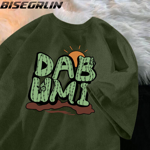 比斯格林BISEGRLIN短袖男2025夏季新款美式高街潮牌T恤宽松麂皮绒大码上衣 军绿色-K719 M