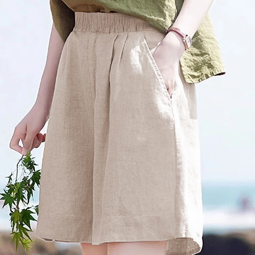 Summer elastic high-waisted linen five-quarter pants loose retro casual shorts cotton and linen slimming high-pocket women's pants black XL recommended 120-130Jin Jin equals 0.5 kg