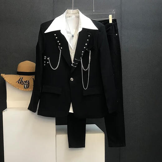 Fenren Guy 2025 New Black Design Chaqueta Metal Blazer Personalidad para hombres Traje informal suelto Top Black XL