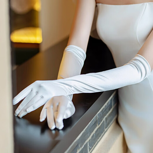 Haydou satin stretch colored gloves retro dress wedding photo Hepburn style etiquette live performance comic exhibition long gloves 54cm white lengthened gloves [1 double pack]