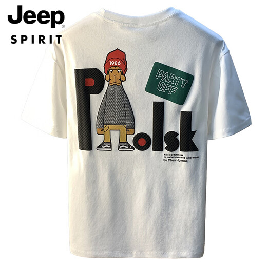 JEEP SPIRIT大码200斤圆领短袖T恤男2025年夏季港风印花棉质体恤加肥加大男士 黑色 JSW9923 M 建议90-108 斤