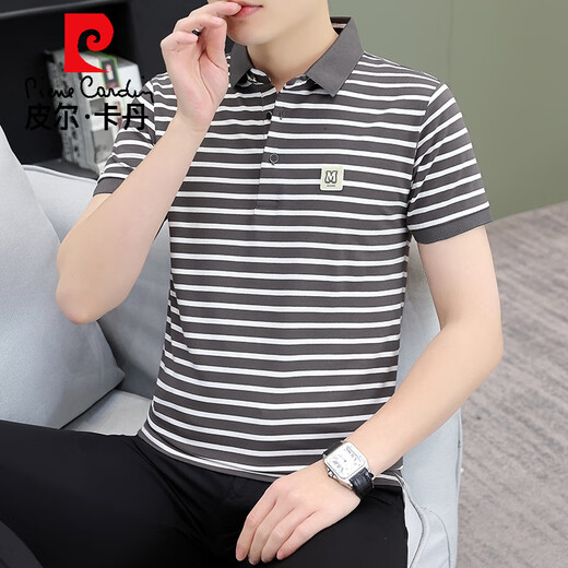 Pier Cardin Light Luxury Polo Shirt Herren kurzärmelig T-Shirt 2025 Neues Sommer-Revers Streifen Daddy Anzug T-Shirt Männer Qy756 Black Cafe l Vorschlagen 120-135Jin [Jin gleich 0,5 kg]