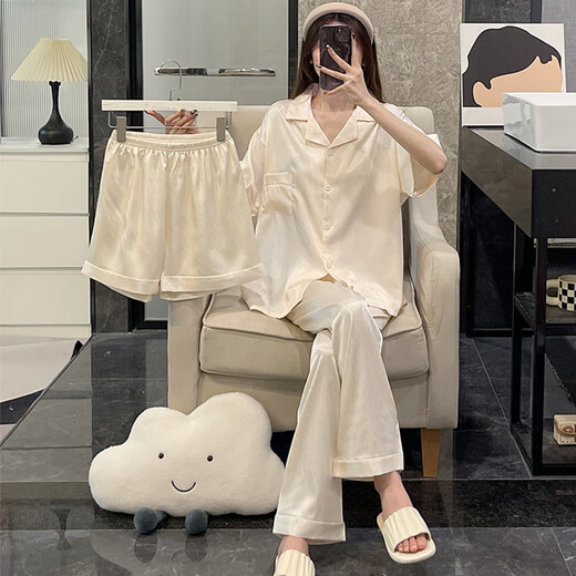 莫代尔睡衣女夏季三件套装冰丝短袖薄款大码网红风春秋天冰丝凉感家居服 LT-3881-3-杏色 L