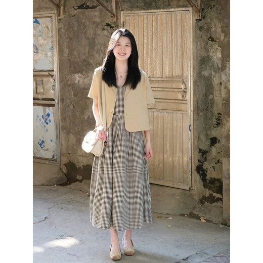 HUALIN Fashion Summer Nuevo blazer de manga corta Vestido a cuadros Retro Conjunto de dos piezas de dos piezas Femenina 9720 Camina amarilla crema [Single Piece] M Recomendado 100 Jin [Jin iguala 0.5 kg] o menos