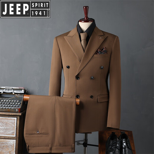 JEEP SPIRIT Jeep men's double-breasted suit suit men's business formal Korean groomsman suit wedding suit groom's suit outer brown double-breasted suit (suit + trousers) 4XL 58 (158-173Jin Jin equals 0.5 kg)