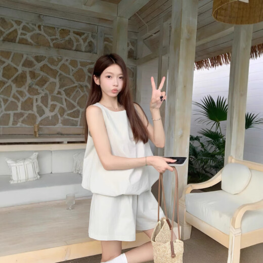 京濮飞多巴胺少女感两件套无袖背心阔腿短裤显瘦纯色T恤 9719海盐蓝上衣 XL